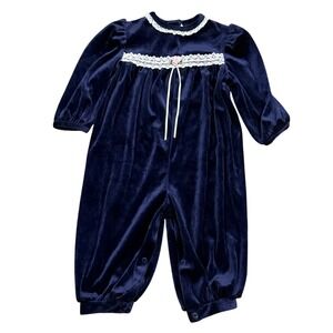 VTG 90's girls Velvet Navy Blue Holiday Winter Outfit size 18 months Youngland